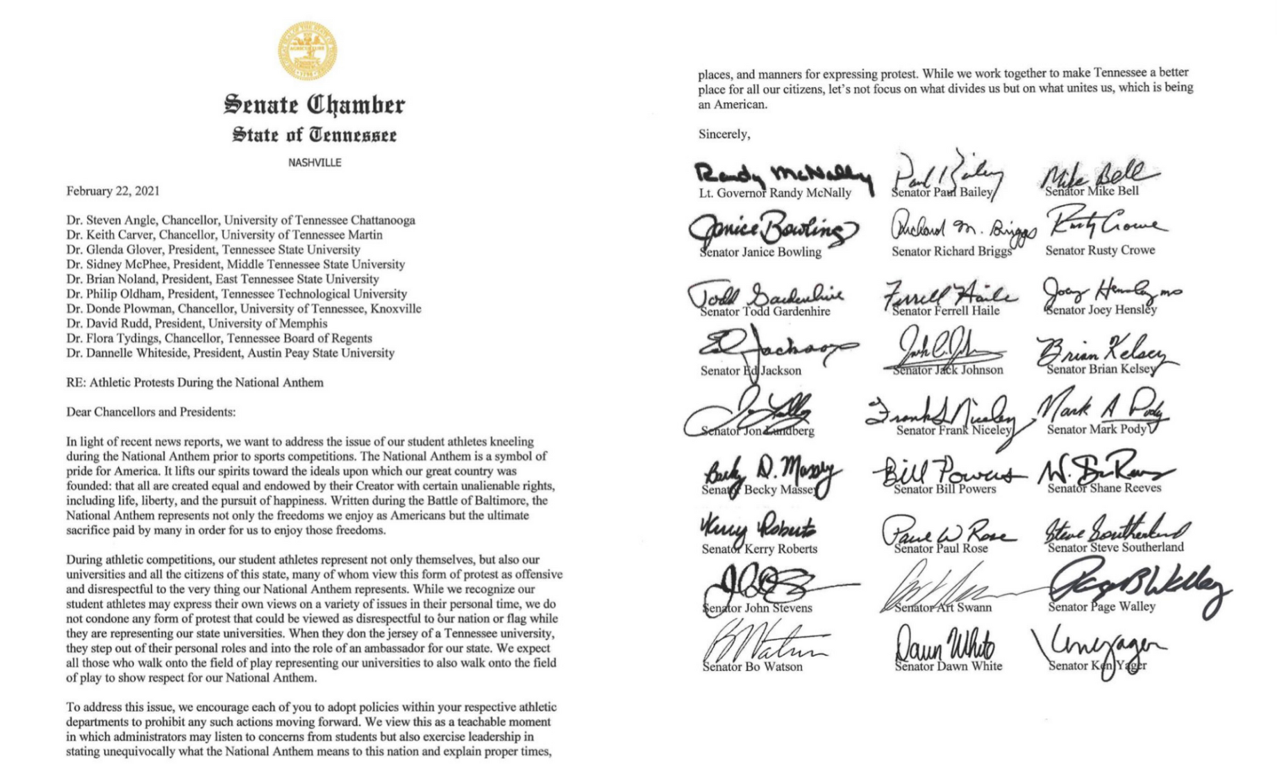 National anthem protest letter